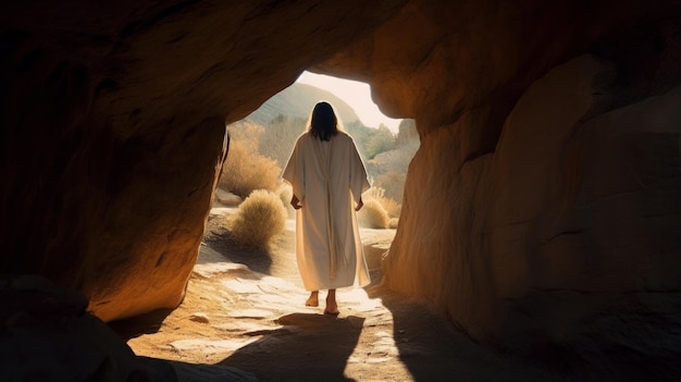 Foto jesucristo vestido de blanco saliendo de la cueva resurrección de jesús ai generativo