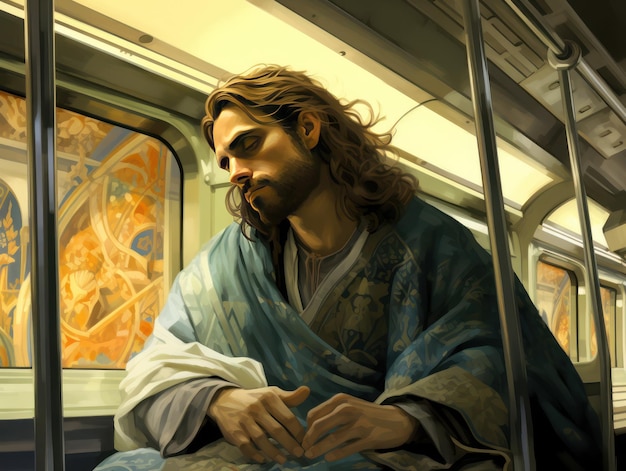 Jesucristo viajando en el metro sentado solo entre la gente