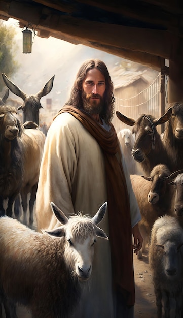 Jesus am Eingang eines Dorfes mit Tieren AI generative
