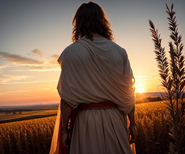 Jesus andando em campos de trigo com um pôr do sol