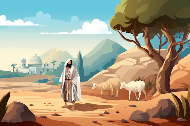 Foto jesus andando no deserto com ovelhas