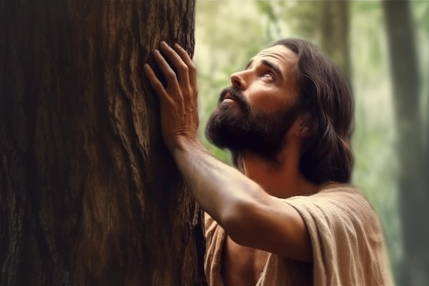 Jesús apoyado en un árbol en el bosque