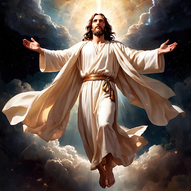 Jesus ascendendo ao céu voando no céu Ilustração de iconografia religiosa cristã