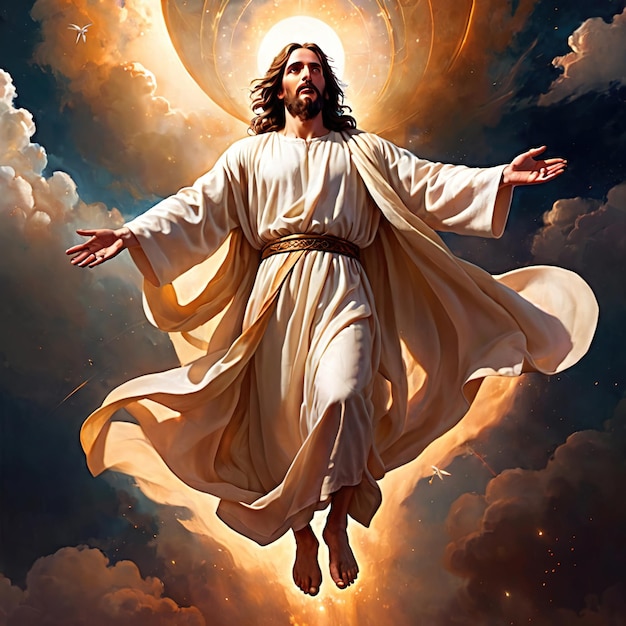 Foto jesus ascendendo ascensão ao céu voando no céu ilustração de iconografia religiosa cristã