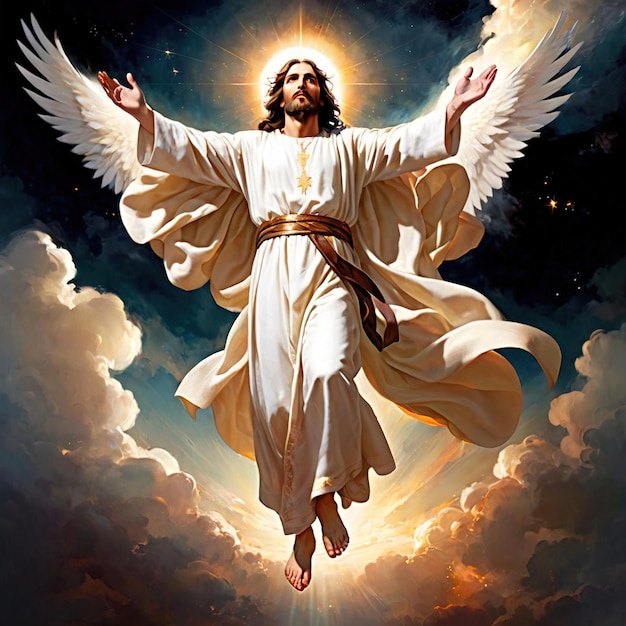 Foto jesus ascendendo ascensão ao céu voando no céu ilustração de iconografia religiosa cristã