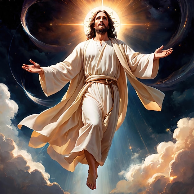 Jesus ascendendo ascensão ao céu voando no céu ilustração de iconografia religiosa cristã