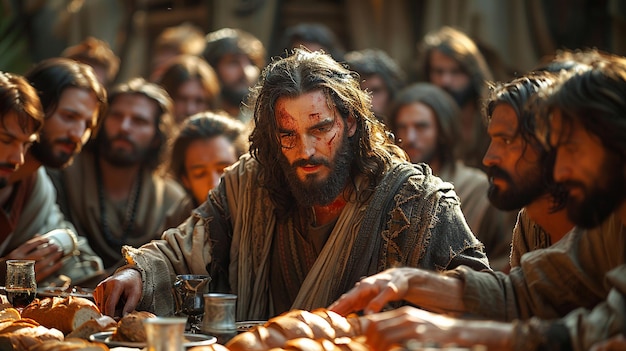 Jesús bendice el pan y el vino en el fondo