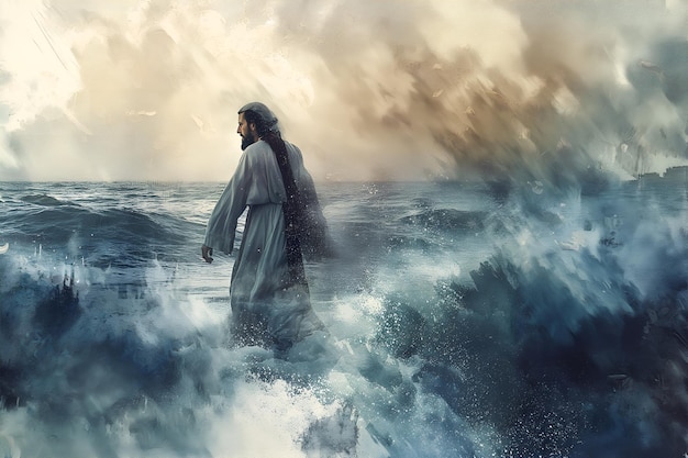 Jesús camina sobre el agua y calma el mar como en la Biblia