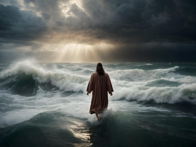 Foto jesús camina sobre el agua y calma el mar tormentoso como en la biblia