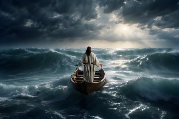 Jesús camina sobre el agua y calma el mar tormentoso como en la Biblia