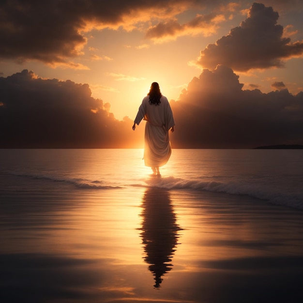 Jesús camina sobre el agua en un hermoso fondo de puesta de sol