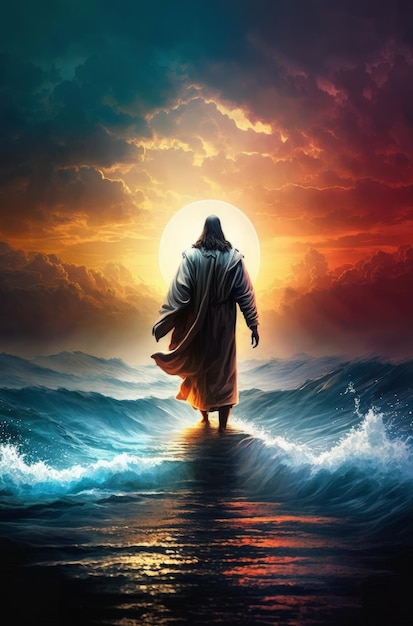 Jesús camina sobre el agua Jesús camina sobre el mar Hermosa puesta de sol IA generativa