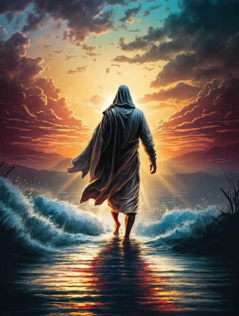 Jesús camina sobre el agua Jesús camina sobre el mar Hermosa puesta de sol IA generativa