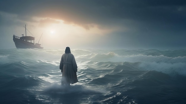 Jesús camina sobre el agua sobre el mar hacia una embarcación en medio de una tormenta Concepto de tema bíblico Generado por IA