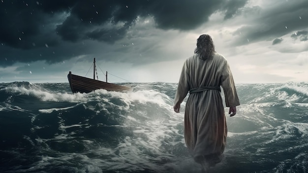 Jesús camina sobre el agua sobre el océano hacia el interior de una embarcación que parte del centro de una tormenta Concepto de tema bíblico Generado por IA