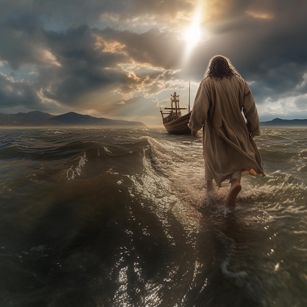 Jesús caminando en el agua con un bote al fondo