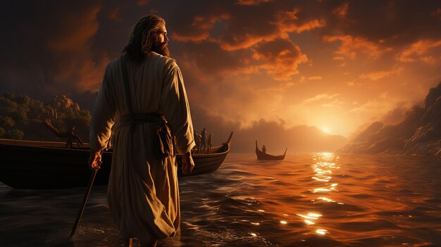 Jesús caminando hacia el barco por la noche