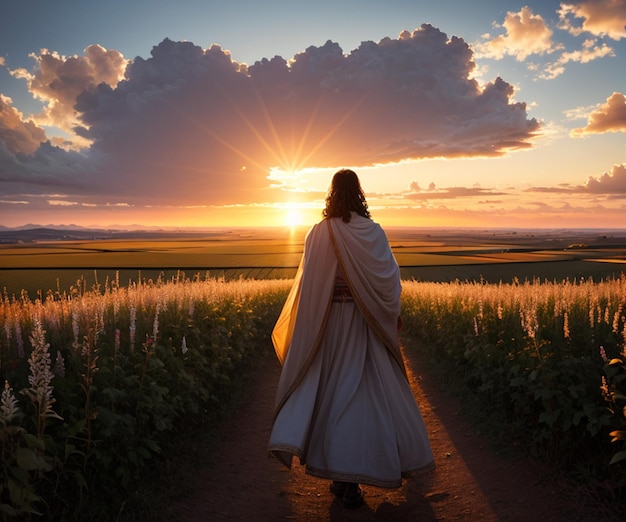 Foto jesus caminando en campos de trigo con una puesta de sol
