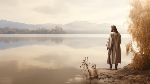 Jesús caminando hacia una canoa en el lago