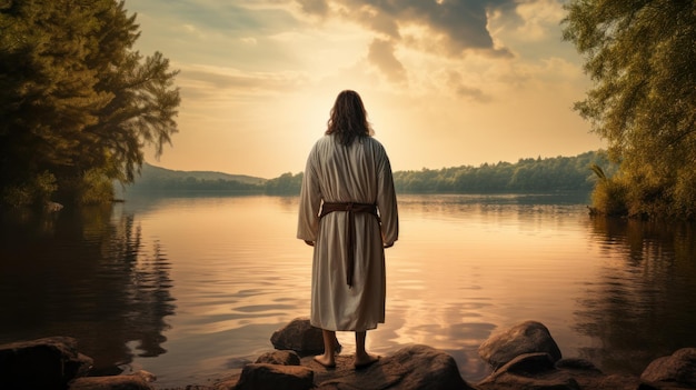 Jesús caminando hacia una canoa en el lago