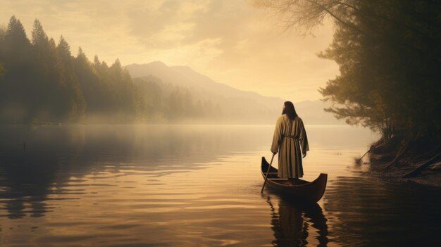 Jesús caminando hacia una canoa en el lago