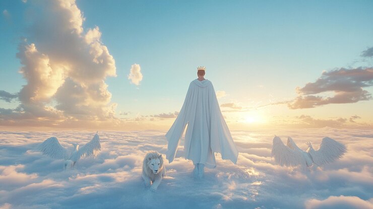 Foto jesús caminando en las nubes con ángeles y león a sus pies corona real y túnica real