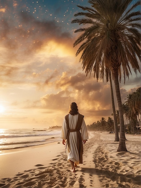 Foto jesús caminando por la orilla del mar