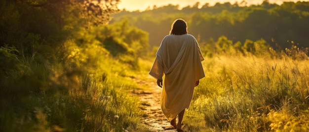 Foto jesús caminando tranquilamente solo por un antiguo camino al aire libre