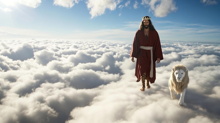 Foto jesus caminhando em nuvens com anjos e leão a seus pés coroa rei e vestes reais