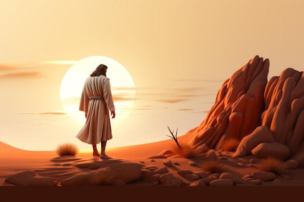 Jesus caminhando no deserto ao pôr do sol