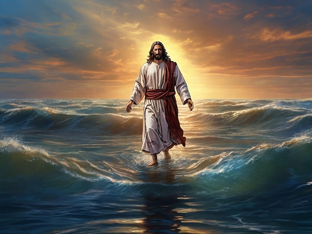 Jesus caminhando sobre a água fundo cores brilhantes e muito bonitas 7