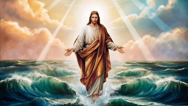 Foto jesus christ walks on water religious concept bible faith drawing with paints painting