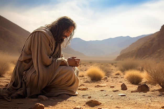 Jesus Christus betet eifrig in der Wüste während der Versuchung KI-Generation