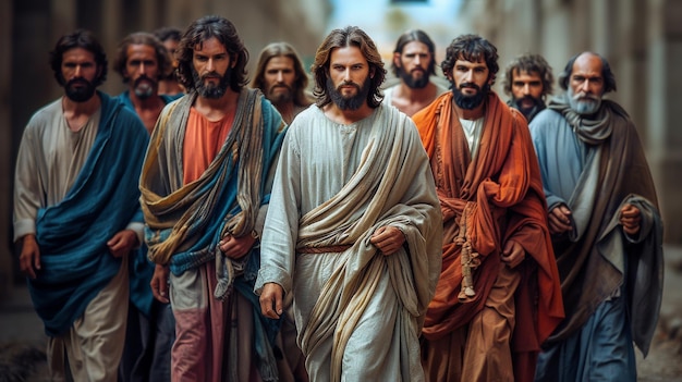 Foto jesus christus, der sohn gottes, der retter der menschheit, auf einer reise nach jerusalem, bethlehem, predigt die religion des christentums einer menge seiner anhänger