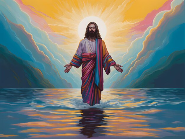 Jesus Christus geht auf dem Wasser am Meer