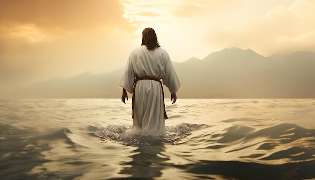 Foto jesus christus geht auf dem wasser auf dem see genezareth