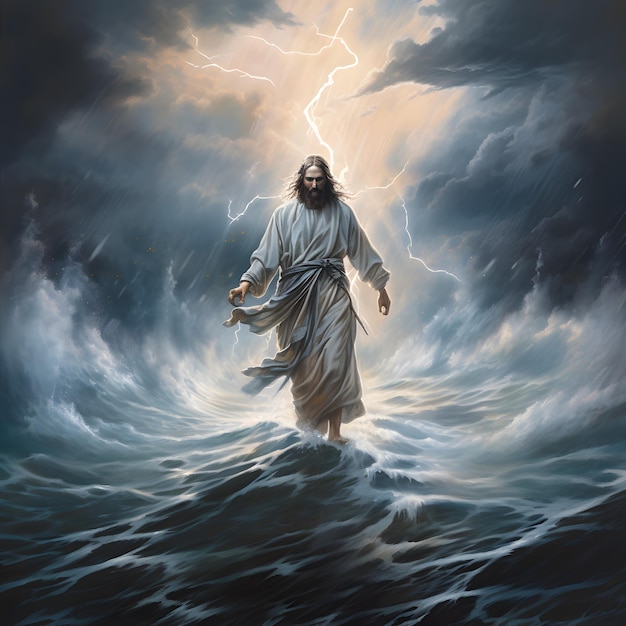 Jesus Christus geht auf dem Wasser. Gewitter mit riesigen Wellen, die von der KI erzeugt wurden