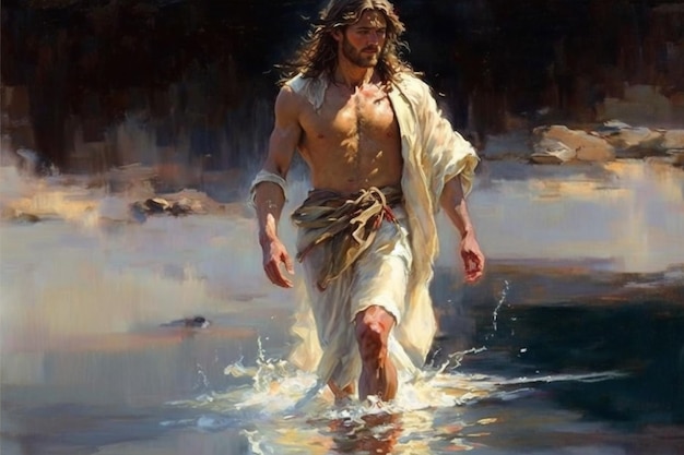Jesus Christus geht auf dem Wasser Religiöses Konzept Bibel Glaube Zeichnen mit Farben Malen