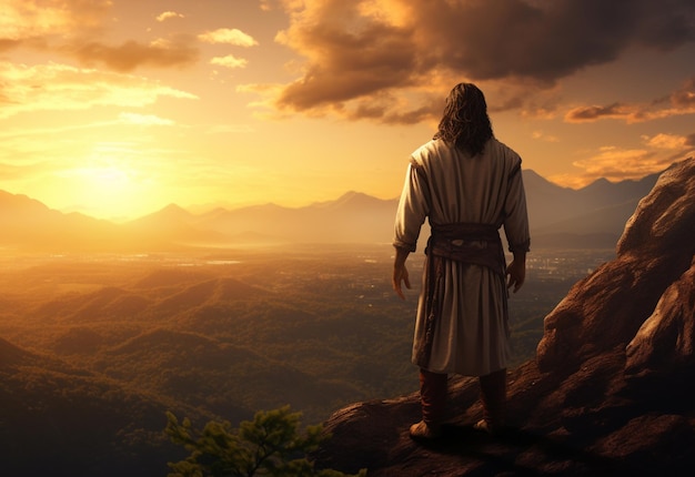 Jesus Christus in den Hügeln bei Sonnenuntergang in Bolta, realistisches Bild, Ultra HD, hohes Design, sehr detailliert, 8K