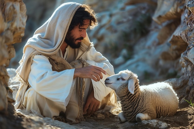 Jesus Christus kümmert sich um das geschwächte Lamm