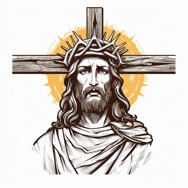 Foto jesus christus mit dornenkrone und kreuz isolierte vektorillustration