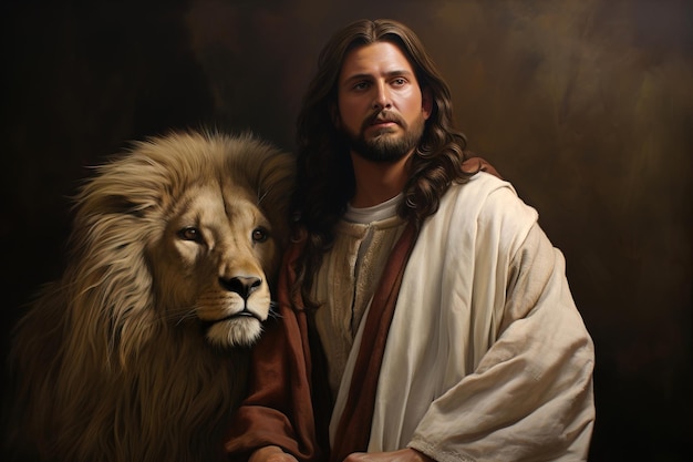 Jesus Christus mit einem zuversichtlichen Blick durch den Löwen Jesus Christus der Löwe aus dem Stamm Juda