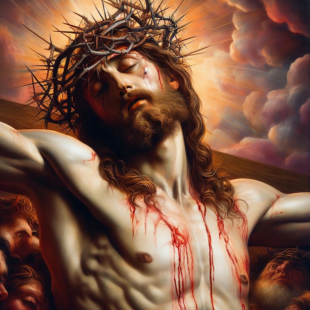 Jesus Christus mit einer Dornenkrone auf dem Kopf und einem Kreuz