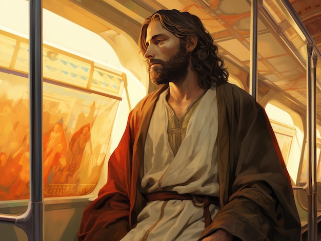 Jesus Christus reist in der U-Bahn und sitzt allein unter den Menschen