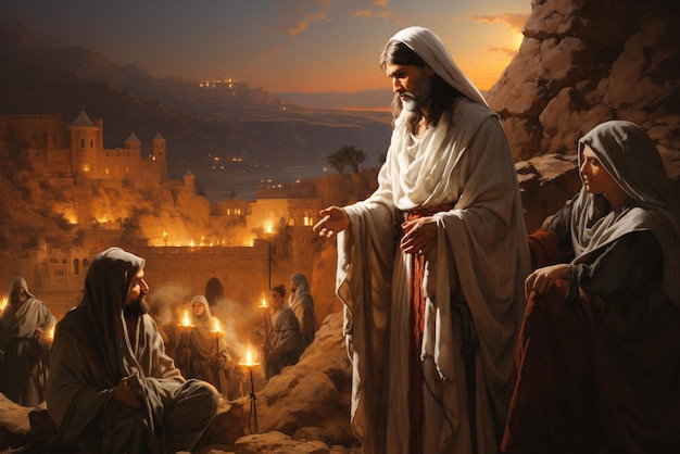 Jesus Christus spricht mit einer Gruppe von Gläubigen der Jerusalemer Religion und des Glaubens des Christentums