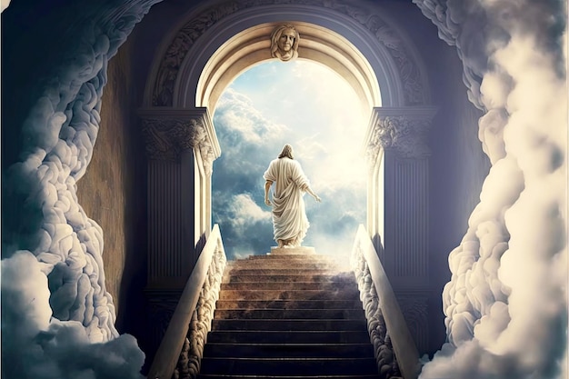 Foto jesus christus tor zum paradies am ende der treppe zum himmel