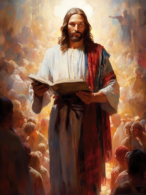 Jesus Christus von Nazareth schaut auf und hält eine biblische Menschenmenge im Hintergrund.