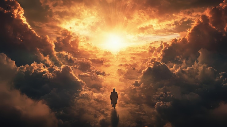 Foto jesús y el cielo por encima de la luz brillante cielo y nubes y dios