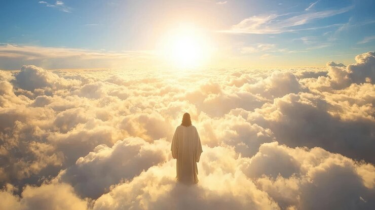 Foto jesús y el cielo por encima de la luz brillante cielo y nubes y dios