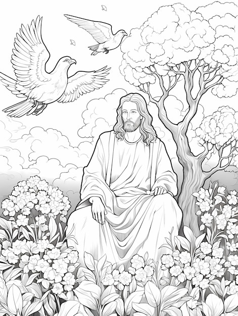 Jesús en el cielo palomas ángeles hiper crujientes hermosos árboles de flores libro de páginas para colorear